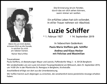 Anzeige von Luzie Schiffer von Kölner Stadt-Anzeiger / Kölnische Rundschau / Express