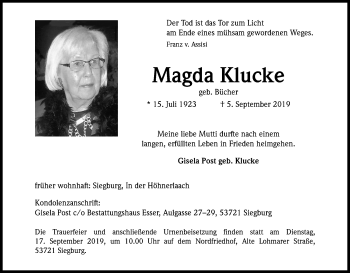 Anzeige von Magda Klucke von Kölner Stadt-Anzeiger / Kölnische Rundschau / Express