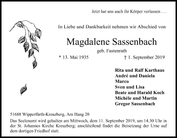 Anzeige von Magdalene Sassenbach von Kölner Stadt-Anzeiger / Kölnische Rundschau / Express