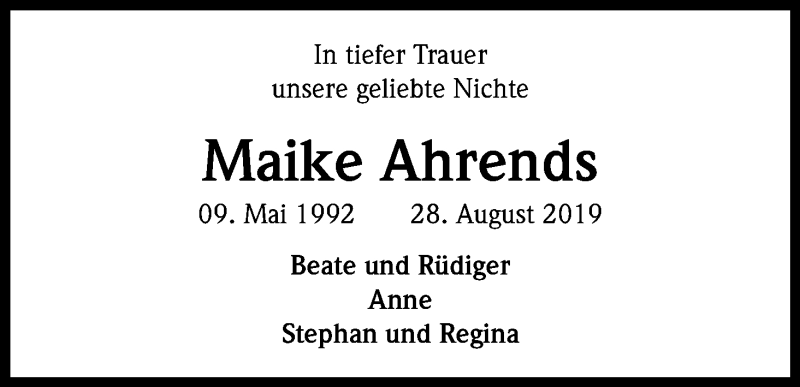  Traueranzeige für Maike Ahrends vom 07.09.2019 aus Kölner Stadt-Anzeiger / Kölnische Rundschau / Express