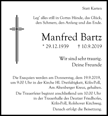 Anzeige von Manfred Bartz von Kölner Stadt-Anzeiger / Kölnische Rundschau / Express