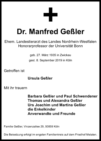 Anzeige von Manfred Geßler von Kölner Stadt-Anzeiger / Kölnische Rundschau / Express