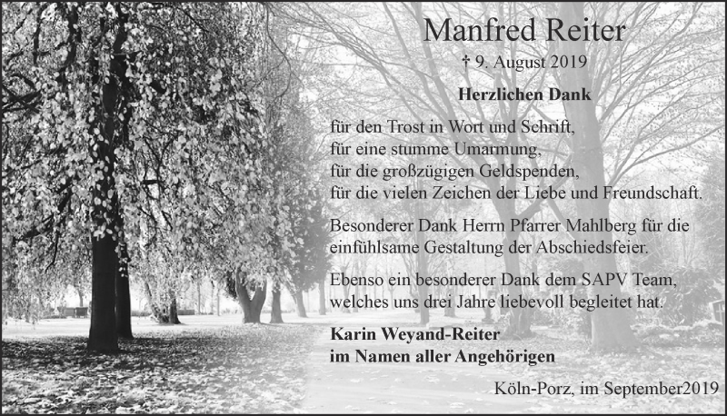  Traueranzeige für Manfred Reiter vom 04.09.2019 aus  Kölner Wochenspiegel 