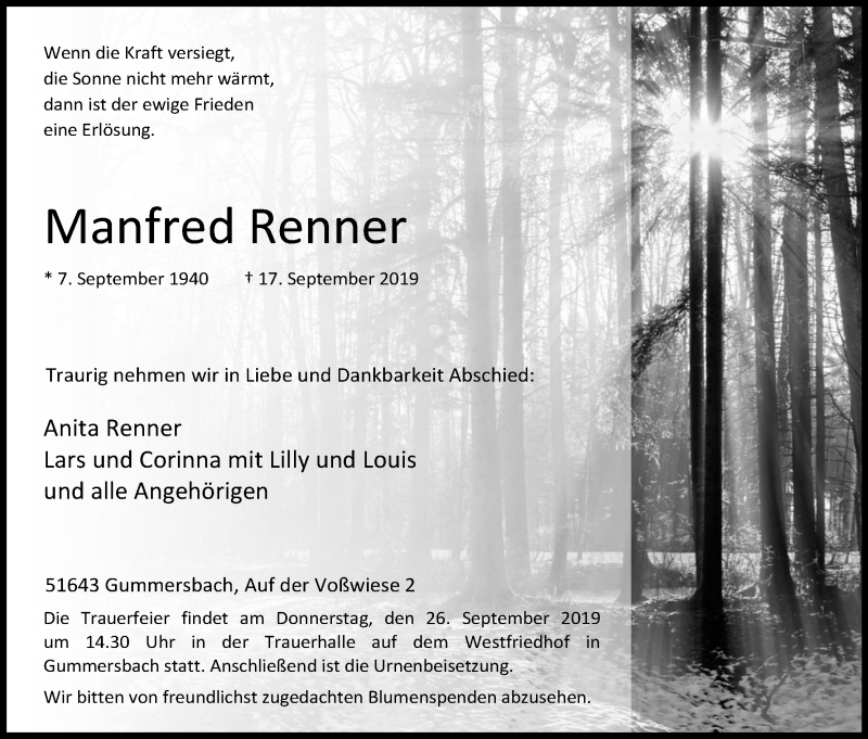  Traueranzeige für Manfred Renner vom 21.09.2019 aus Kölner Stadt-Anzeiger / Kölnische Rundschau / Express