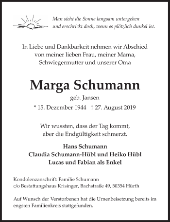 Anzeige von Marga Schumann von  Wochenende 