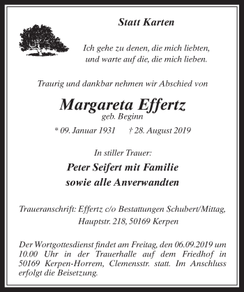 Anzeige von Margareta Effertz von  Werbepost 