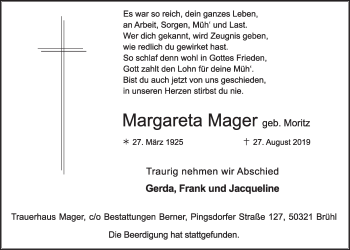Anzeige von Margareta Mager von  Schlossbote/Werbekurier 