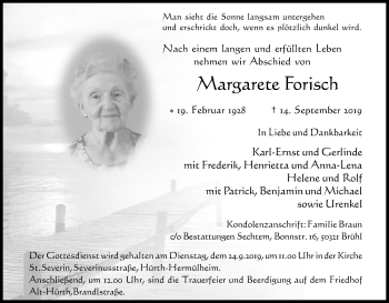 Anzeige von Margarete Forisch von Kölner Stadt-Anzeiger / Kölnische Rundschau / Express