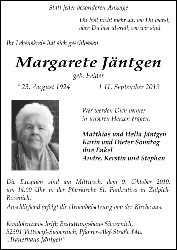 Anzeige von Margarete Jäntgen von  Blickpunkt Euskirchen 