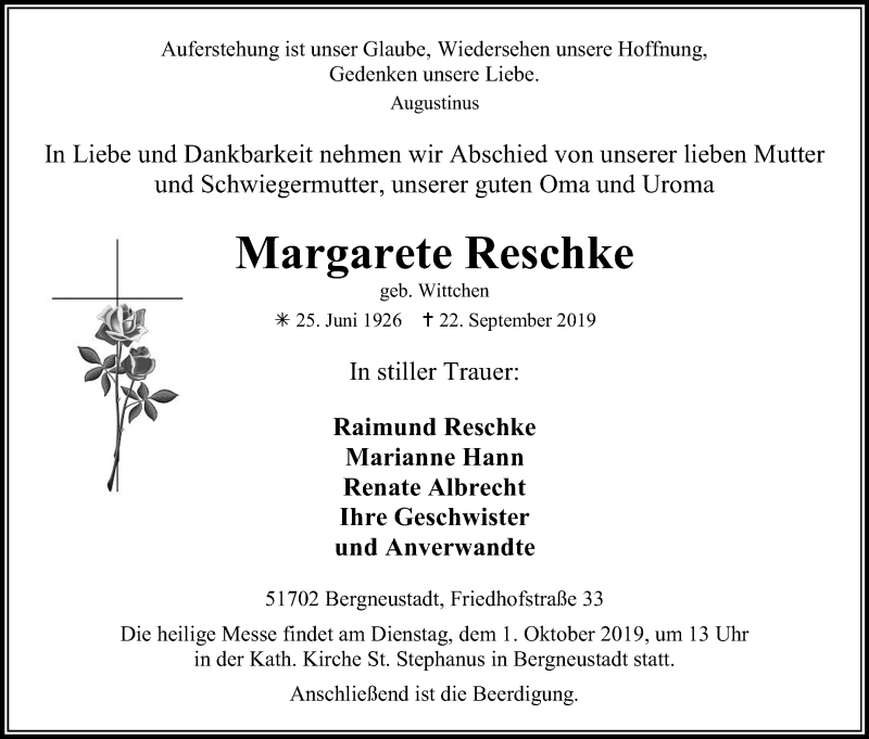  Traueranzeige für Margarete Reschke vom 27.09.2019 aus Kölner Stadt-Anzeiger / Kölnische Rundschau / Express