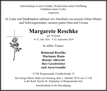 Anzeige von Margarete Reschke von Kölner Stadt-Anzeiger / Kölnische Rundschau / Express