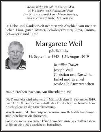 Anzeige von Margarete Weil von  Sonntags-Post 