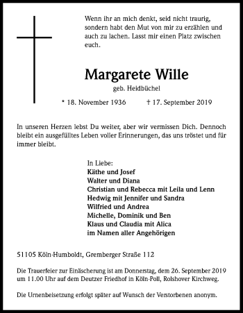 Anzeige von Margarete Wille von Kölner Stadt-Anzeiger / Kölnische Rundschau / Express