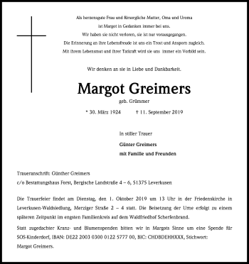 Anzeige von Margot Greimers von Kölner Stadt-Anzeiger / Kölnische Rundschau / Express