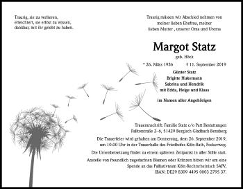 Anzeige von Margot Statz von Kölner Stadt-Anzeiger / Kölnische Rundschau / Express