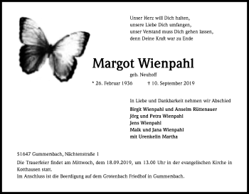 Anzeige von Margot Wienpahl von Kölner Stadt-Anzeiger / Kölnische Rundschau / Express