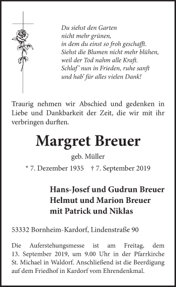 Anzeige von Margret Breuer von  Schlossbote/Werbekurier 
