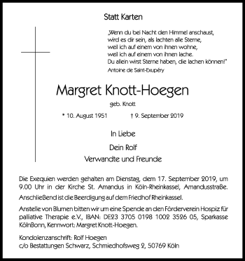 Anzeige von Margret Knott-Hoegen von Kölner Stadt-Anzeiger / Kölnische Rundschau / Express