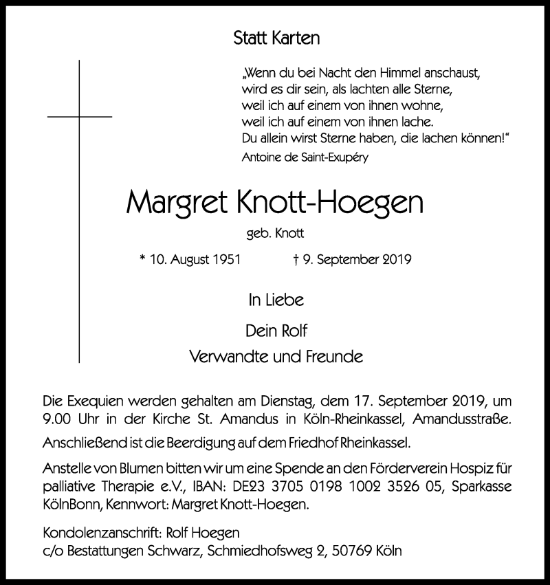  Traueranzeige für Margret Knott-Hoegen vom 14.09.2019 aus Kölner Stadt-Anzeiger / Kölnische Rundschau / Express