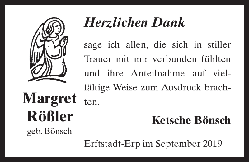  Traueranzeige für Margret Rößler vom 11.09.2019 aus  Werbepost 