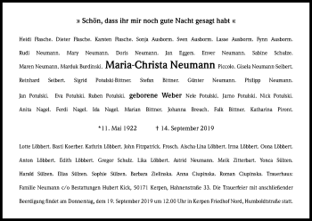 Anzeige von Maria-Christa Neumann von Kölner Stadt-Anzeiger / Kölnische Rundschau / Express