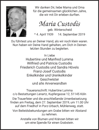 Anzeige von Maria Custodis von  Kölner Wochenspiegel 
