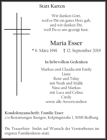 Anzeige von Maria Esser von  Werbepost 