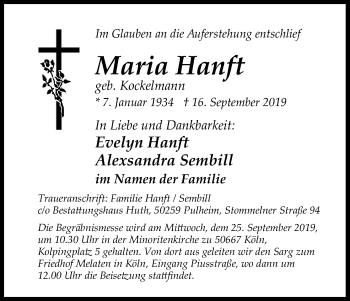 Anzeige von Maria Hanft von Kölner Stadt-Anzeiger / Kölnische Rundschau / Express