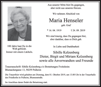 Anzeige von Maria Henseler von  Sonntags-Post 