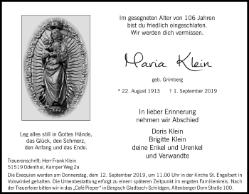 Anzeige von Maria Klein von Kölner Stadt-Anzeiger / Kölnische Rundschau / Express