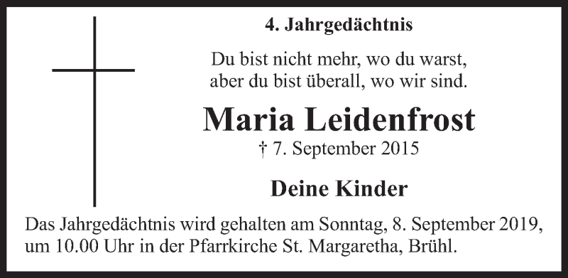  Traueranzeige für Maria Leidenfrost vom 04.09.2019 aus  Schlossbote/Werbekurier 