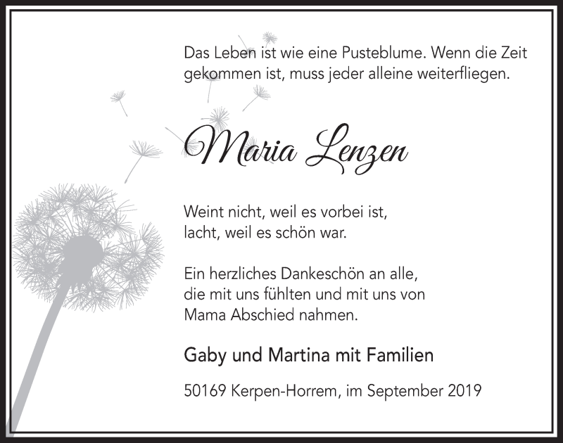  Traueranzeige für Maria Lenzen vom 21.09.2019 aus  Sonntags-Post 