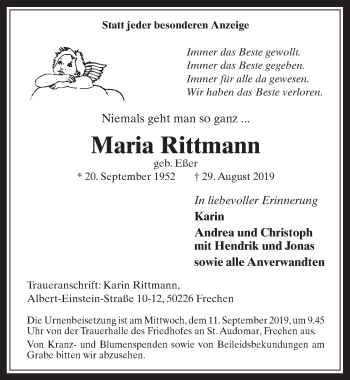 Anzeige von Maria Rittmann von  Wochenende 