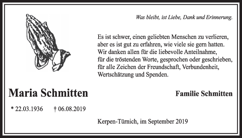  Traueranzeige für Maria Schmitten vom 14.09.2019 aus  Sonntags-Post 