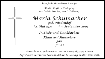 Anzeige von Maria Schumacher von Kölner Stadt-Anzeiger / Kölnische Rundschau / Express