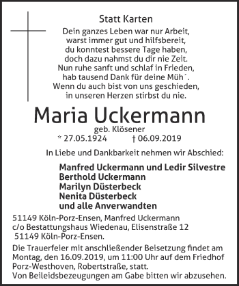 Anzeige von Maria Uckermann von  Kölner Wochenspiegel 