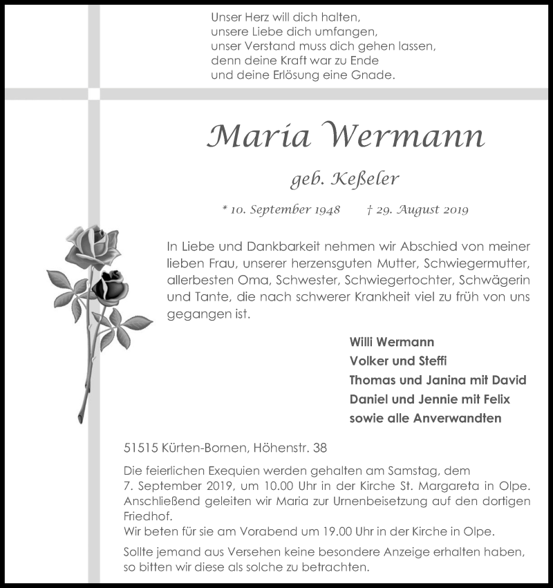  Traueranzeige für Maria Wermann vom 04.09.2019 aus Kölner Stadt-Anzeiger / Kölnische Rundschau / Express