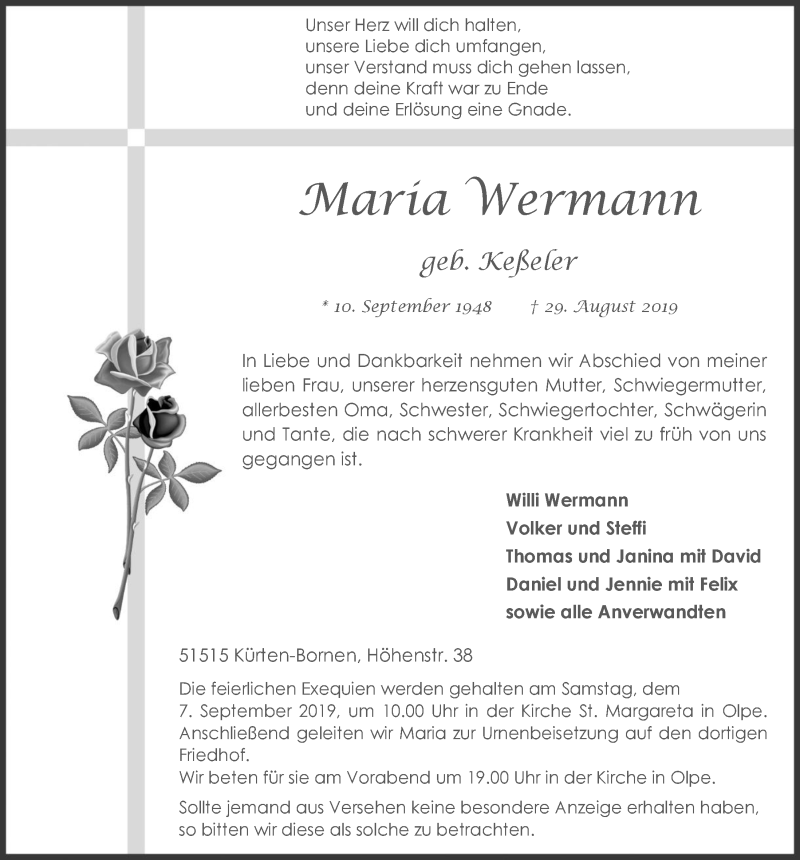  Traueranzeige für Maria Wermann vom 04.09.2019 aus  Bergisches Handelsblatt 