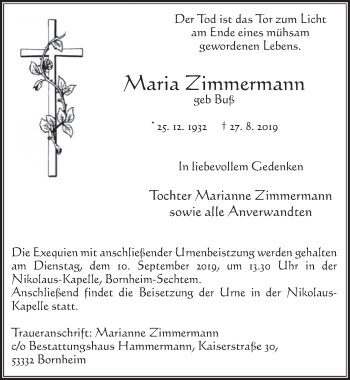 Anzeige von Maria Zimmermann von  Schlossbote/Werbekurier 