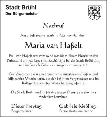 Anzeige von Maria van Haßelt von  Schlossbote/Werbekurier 