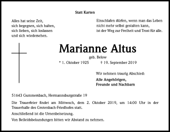 Anzeige von Marianne Altus von Kölner Stadt-Anzeiger / Kölnische Rundschau / Express