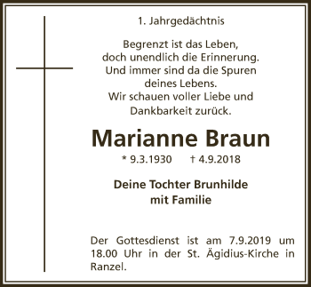 Anzeige von Marianne Braun von  Extra Blatt 