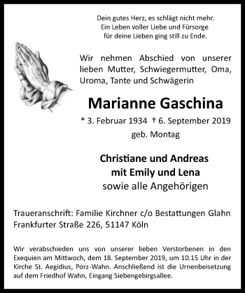 Anzeige von Marianne Gaschina von  Kölner Wochenspiegel 