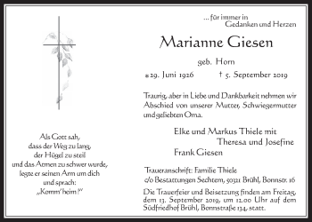 Anzeige von Marianne Giesen von  Wochenende  Schlossbote/Werbekurier 