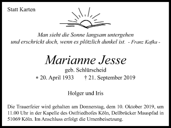 Anzeige von Marianne Jesse von Kölner Stadt-Anzeiger / Kölnische Rundschau / Express