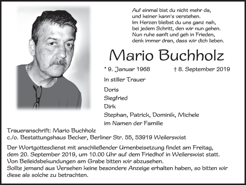  Traueranzeige für Mario Buchholz vom 14.09.2019 aus  Blickpunkt Euskirchen 