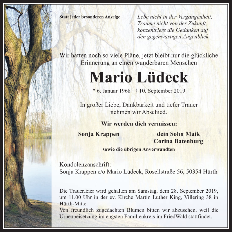  Traueranzeige für Mario Lüdeck vom 18.09.2019 aus  Wochenende 