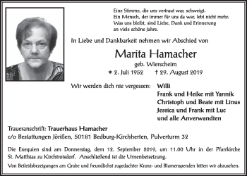 Anzeige von Marita Hamacher von  Sonntags-Post 