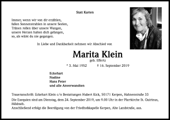 Anzeige von Marita Klein von Kölner Stadt-Anzeiger / Kölnische Rundschau / Express