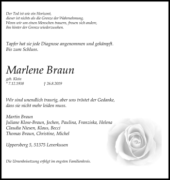 Anzeige von Marlene Braun von Kölner Stadt-Anzeiger / Kölnische Rundschau / Express